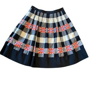 Floreat Anthropologie Black and White Plaid Skirt with Red Floral Design Size 4